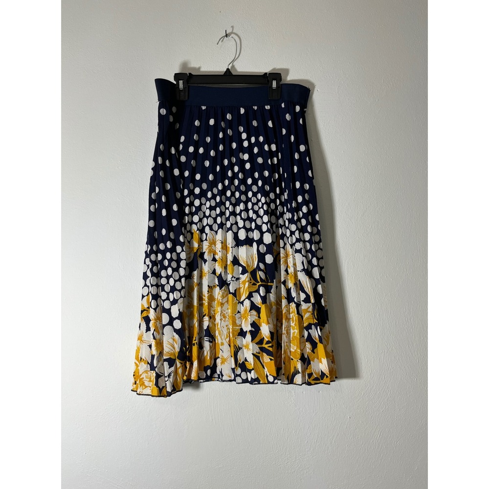 Metrowear Navy Blue Polka Dot Floral Pleated Midi Skirt Wmn Large Office chic